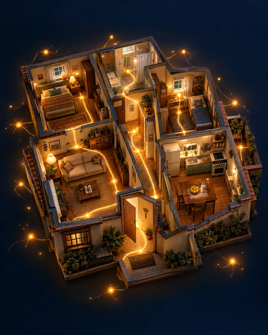 Maqueta en corte de la casa completa con todos los cuartos encendidos y un hilo de luz ámbar que los une