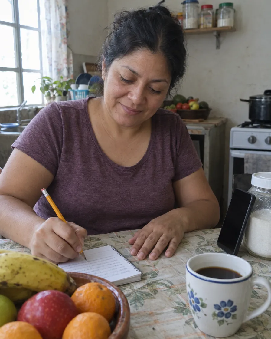 Una mujer anota con lápiz en un cuaderno, con café y el celular en la mesa
