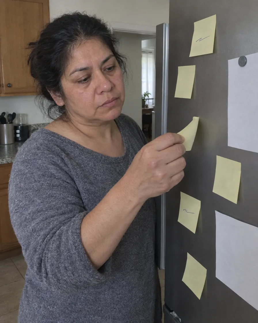 Una mujer junto al refrigerador quita una nota adhesiva de varias pegadas en la puerta